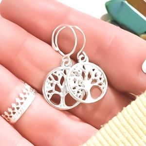 925 Sterling Silver Round Tree of Life or Wisdom Filigree Disk Dangle Earrings